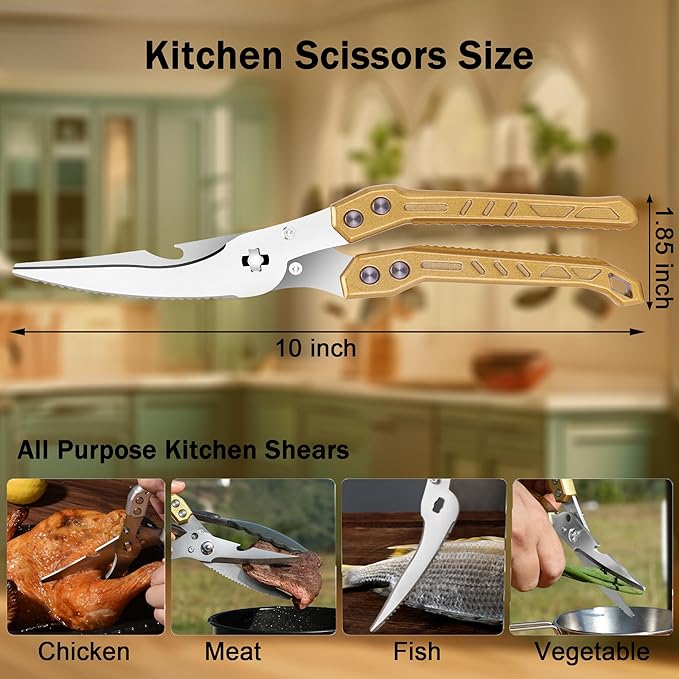 Heavy Duty Kitchen Poultry Shears - Professional Food Scissors for Spatchcocking Chicken, Cutting Raw Meat & Poultry Bones, Thick Steel Blades, Spring-Loaded, Dishwasher Safe Gold