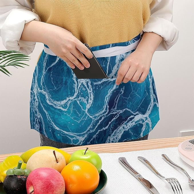 Unisex Chef Waiter Apron Waist Half Short Serving Aprons with 3 Pockets