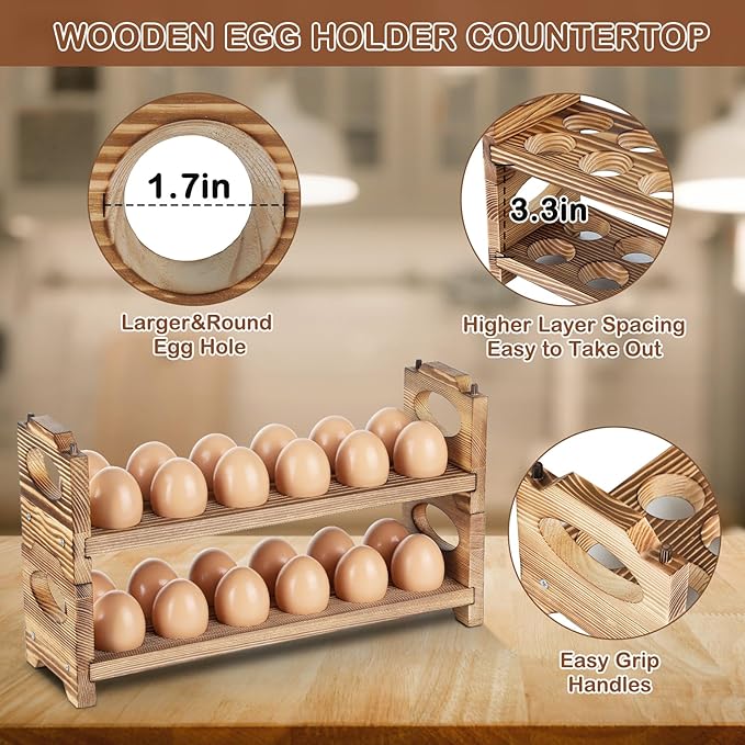 Wooden Egg Holder with 4 Layers/48-Hole, Stackable Wood Egg Rack Countertop with Handle, Stores Chicken/Duck/Quail/Turkey/Easter Eggs