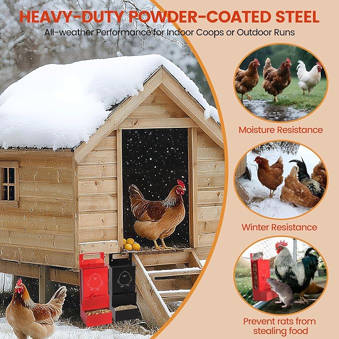 2Pcs Chicken Grit Feeder,Chicken Oyster Shell Feeder Weatherproof Heavy-duty,Feed-Level Indicator with a Top Lid and a Bottom Cap,Hanging Chicken Coop Accessories, Metal Automatic Chicken Feeder，