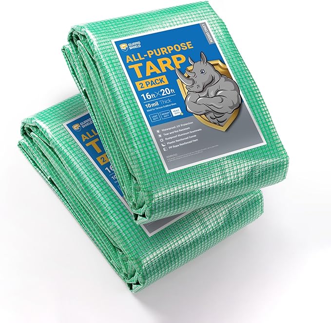 GUARD SHIELD Clear Green Tarp Heavy Duty 16x20 Feet Waterproof for Greenhouse Outdoor Garden Poly Cover UV Resistant 3x3 Weave 10mil (2-Pack)