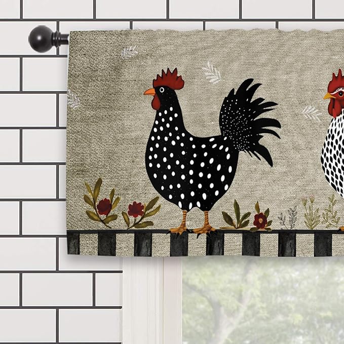 Rooster Chicken Kitchen Curtain Valance 54W x 18L Inch Farmhouse Rustic Country Rural Rod Pocket Short Cafe Small Window Treatment Drapes Decor
