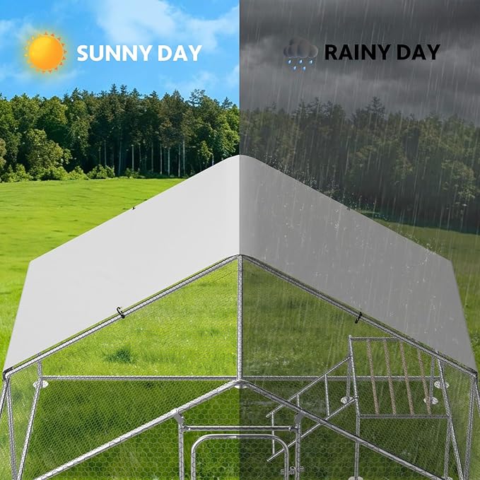 Large Metal Chicken Coop with Roosting Ladder, Waterproof and UV-Resistant Cover,Outdoor Walk-in Cage Hen House for Yard Farm Rabbit Duck Chicken Run, Spire Roof(13.1'W x 9.8'L x 6.4'H)