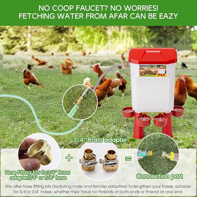 Automatic Chicken Waterer, Float-Controlled Large Waterer with Four Water Cups and Stainless Steel Metal Hose; Suitable for Quail, Ducks, and Other Poultry.