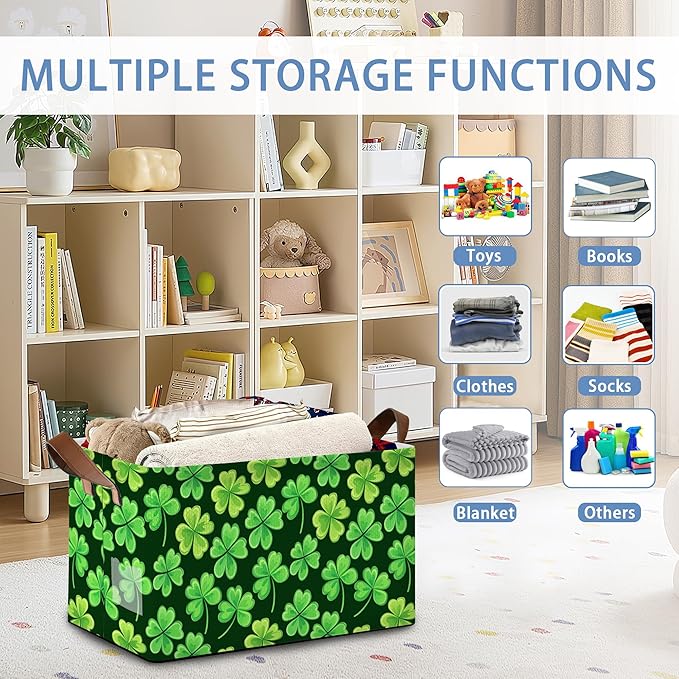 Lucky Clover Storage Basket with Handles,Patrick's day Collapsible Rectangle Organizer Bin for Room Decoration Books Box Baskets 17x11.5x10Inch