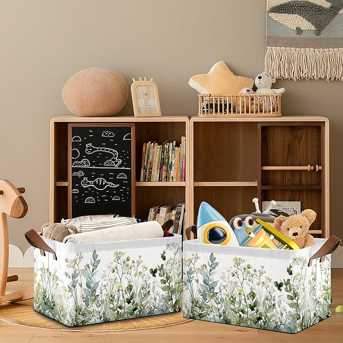 Wildflowers Herb Plants Storage Baskets,Foldable Large Capacity Organizer Bins with Waterproof Lining and Leather Handles for Closet,Shelf,Bedroom 17x11.5x10Inch