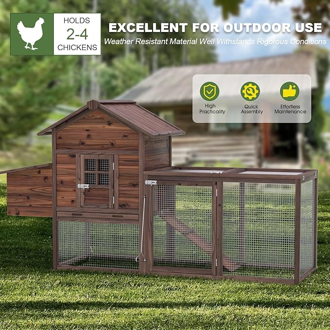 Wooden Chicken Coop Large Outdoor Hen House with Nest Box Poultry Cage Rabbit Hutch 80''- Waterproof UV Panel Brown