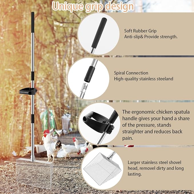 15-inch Large Chicken Poop Scooper with Ergonomic Grip, 4 in 1 Adjustable Chicken Coop Pooper Shovel (24 to 70"), Sifting Litter Shovel for Chicken Coop/Goat Stall/Stable Cleaning