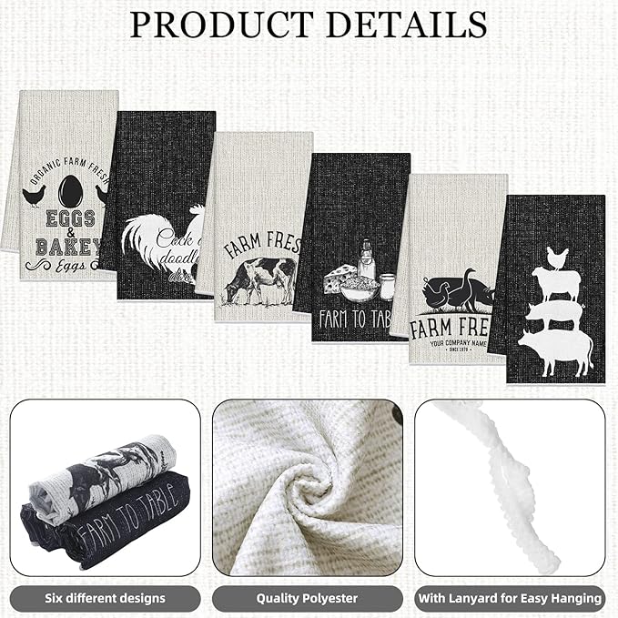 Redbaker 6 Pcs Farm Animal Kitchen Towels Farmhouse Funny Dish Towel Rustic Hand Towels Rooster Cow Pig Decorative Tea Dishcloth Absorbent with Hanging Loop for Kitchen Bathroom Housewarming Gift