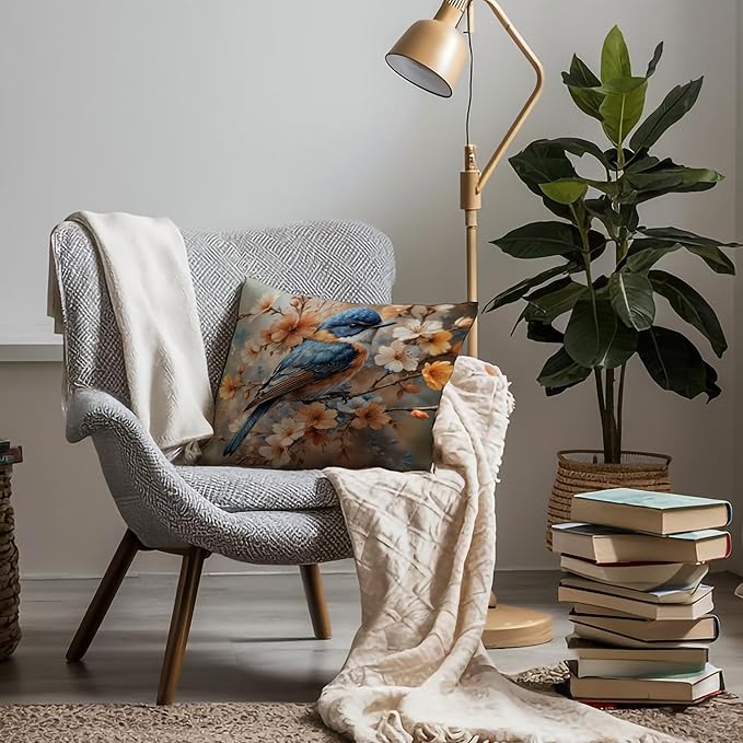 Vintage Floral Blue Bird Spring Pillow Covers 18x18, Bird Decor for Home, Cottagecore Floral Botanical Birds Nature Throw Pillow Covers for Home Living Room Bedroom