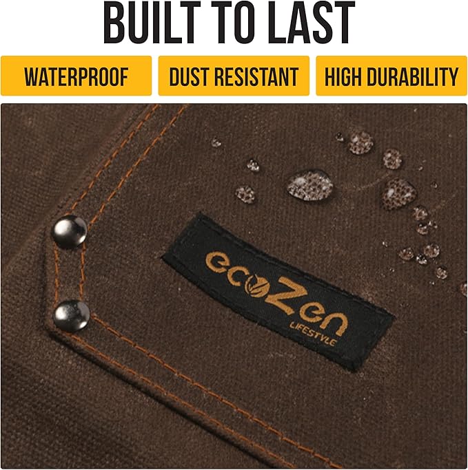 ecoZen 16oz Waxed Canvas Work Apron with Tape Holder - 27 x 34 inches Shop Apron with Elastic Back Strap and Front Pockets, Fully Adjustable, Tough Protection for Men - Brown