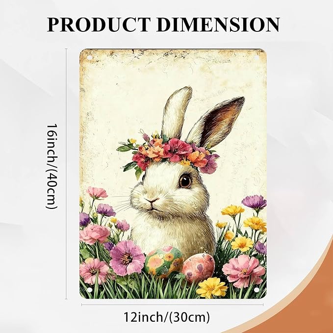 Fun Easter Bunny and Flower Tin Signs Easter Metal Decorations for Hallways Homes Living Rooms Gardens 12X16Inch