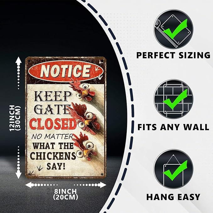 Funny Chicken Metal Sign Chicken Coop Metal Decor Keep Gate Closed Tin Signs Vintage Poster Wall Decor For Home Farmhouse Farm Poultry House Yard Fence Kitchen Outdoor 12 * 8 In