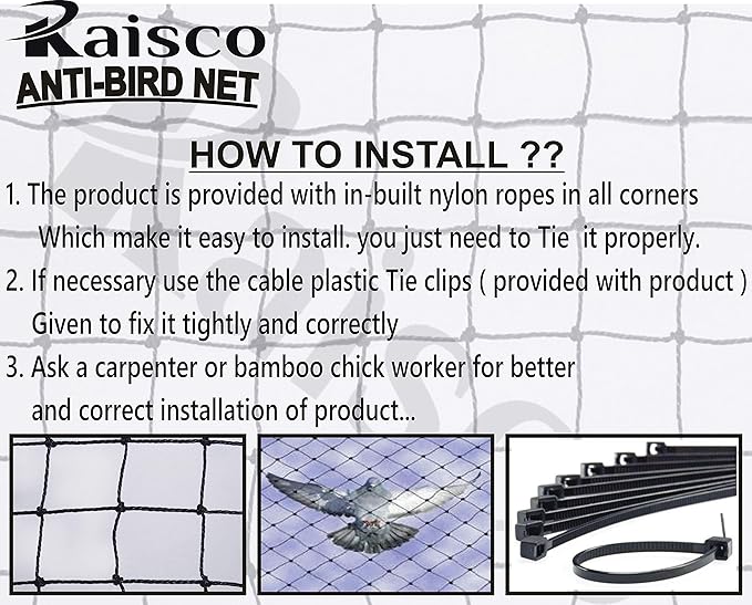Azone 6x12 Ft Anti-Bird Net (72 Sq Ft) Nylon Bird Net with 15Pcs Plastic Cable Clips & Tying Ropes