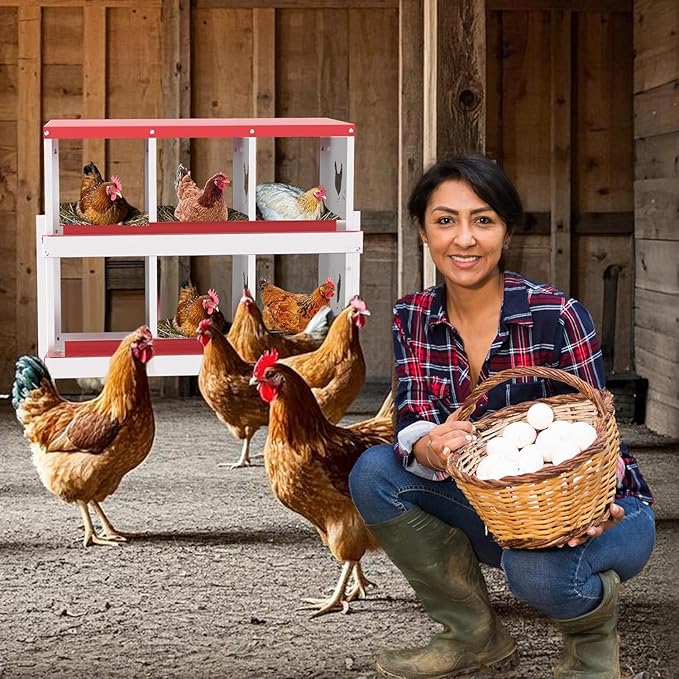 Metal Chicken Nesting Boxes, Heavy-Duty Galvanized Steel Egg Laying Box with 6 Compartments, Rustproof, Easy to Install & Clean, Wall-Mountable Design for Poultry Coops- Red with Stand