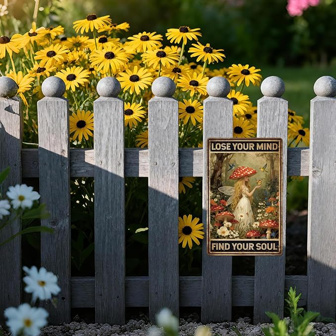GLOBLELAND Vintage Mushroom Hunter Metal Tin Sign 12x8 inch Mind and Soul Tin Signs Decor Forest Plants Woman Metal Wall Plaque for Home Room Farmhouse Cafes Office Store Bar Kitchen Garden Decor