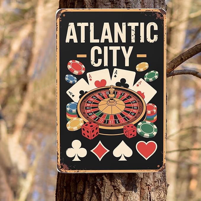 Novelty saying wall decor featuring Atlantic City Metal Tin Sign Game Room Bar Decor Perfect For Hanging In Casino Basement Rustic Vintage Finish Gift For 8x12 inch metal sign for living room wall