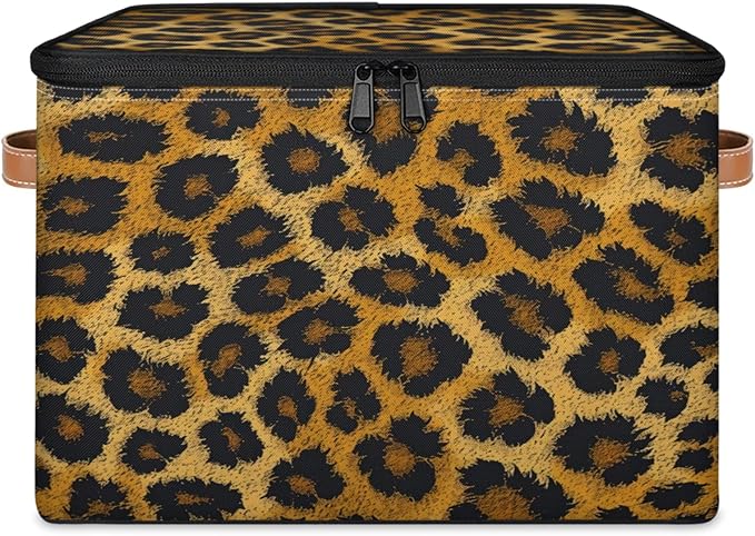 Storage Cubes with Lid Fabric Storage Bins Boxes PU Leather Handles, Leopard Print Animal Skin Closet Organizer Container Foldable Washable Shelf Cloth Basket, Leopard Print