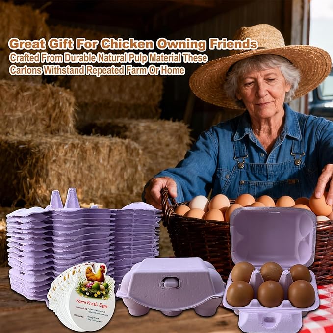 Purple Reusable Egg Cartons, 20 Pack Half Dozen Paper Pulp Containers with 50 Handling Instruction Cards, Perfect for Farm Fresh Chicken Eggs Storage