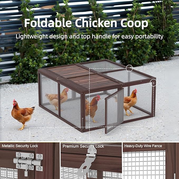 Portable Chicken Run Rabbit Hutch Folding Chicken Cage for Indoor/Outdoor,Top & Side Opening Doors Small Animal Pet Playpen No Assembly Required Poultry Pen 45"x 42"x 20" (Brown)