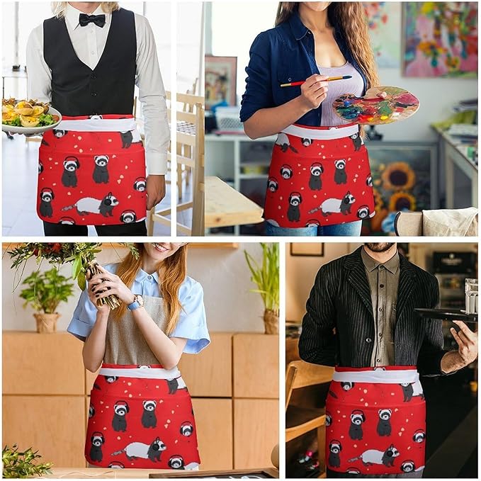 Unisex Apron for Cooking Server Waitress Half Waist Apron with 3 Pockets