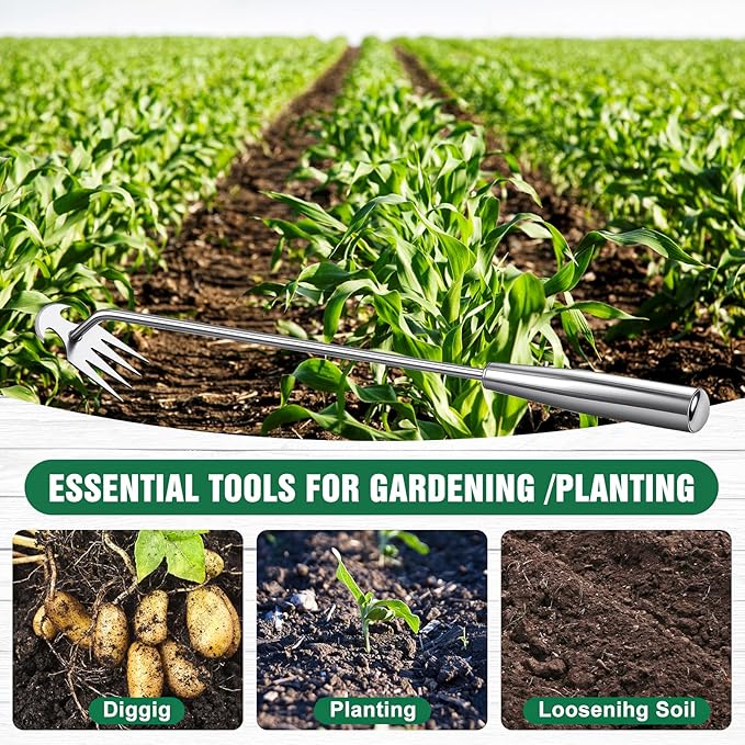 Hand Weeder Tool, Stainless Steel Handle Manual Weeder Tool, Pull Up Weeder Tool, Weed Discharge Tool, 4-Tooth Weeder Tool, Weeder Tool for Gardening 16inch