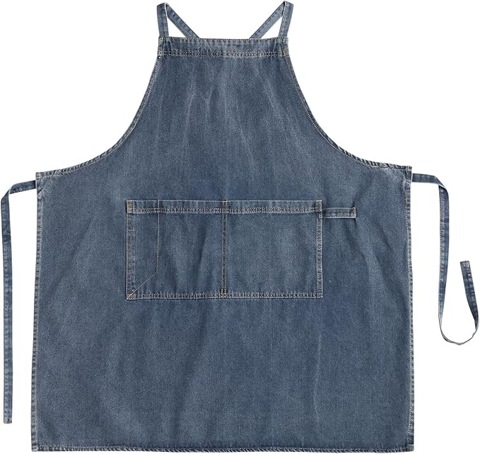Cotton Denim Apron Soft - Unisex Adjustable Bib Apron with 5-Pockets Perfect for Kitchens