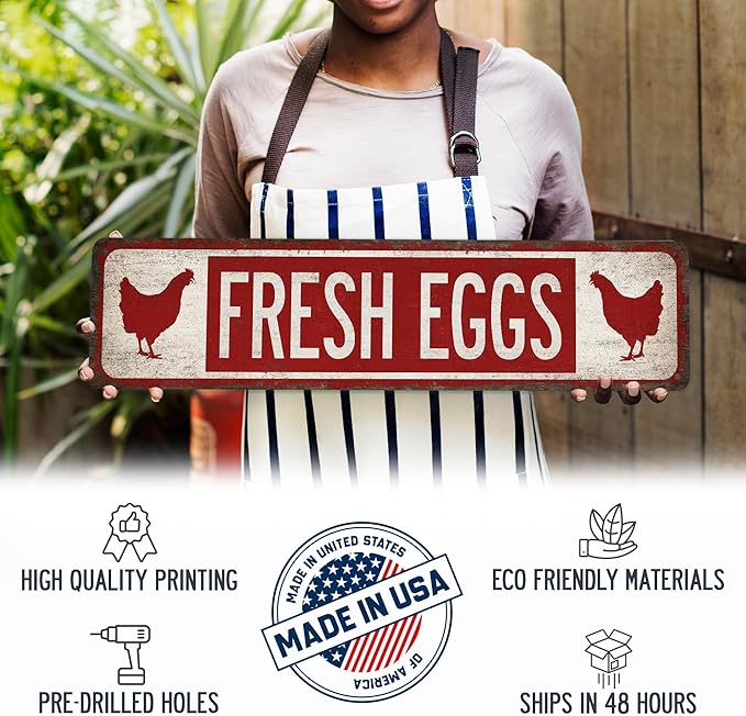 Fresh Eggs Chicken Coop Sign - Made In USA - Farm Fresh Eggs Chicken Décor Kitchen Décoration Hen House Sign Outdoor Sign 104180017016