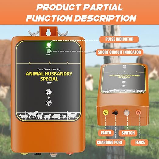 10-Mile Livestock Electric Fence, 24-Hour uninterrupted Discharge to Drive Away Wild Animals, 12W Solar Panel Fast Charging, Built-in Large-Capacity Battery, can Last for X Hours