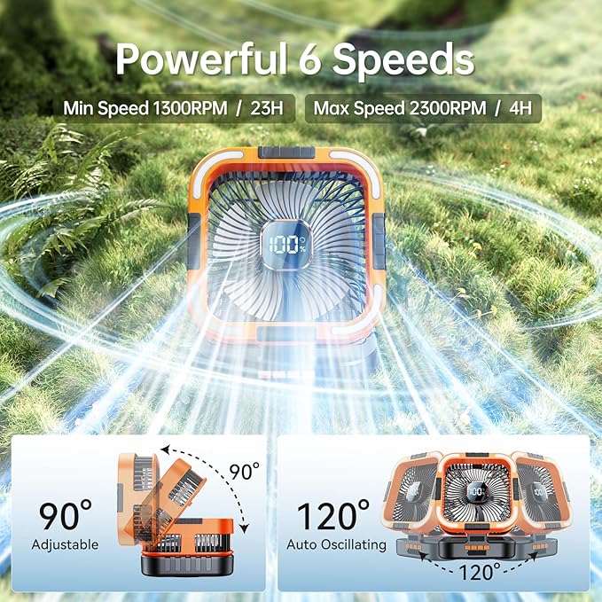 Solar Camping Fan with Light-10000mAh Rechargeable Portable, 6 Speeds, Digital Display, Timer, 120° Oscillation, Cordless Battery Powered Fan for Home Outdoor Tent Travel BBQ Fishing (Orange)
