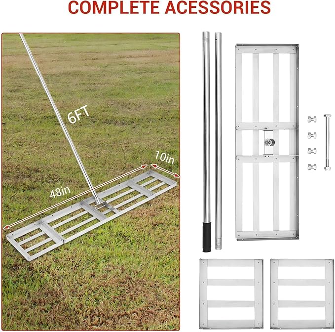 Lawn Leveling Rake Lawn Leveler, 48" x10” Stainless Steel 180° Rotating 6FT Long Handle, Heavy-Duty Landscape Rake Ergonomic Design, for Backyard Farm Garden Golf Course