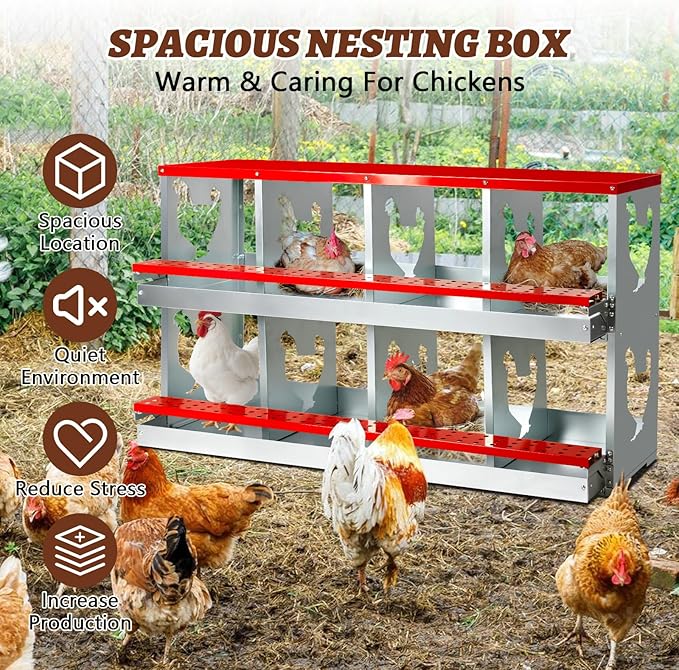 Chicken Nesting Box,Heavy Duty Metal Nest Boxes,8 Hole Roll Away Nesting Boxes,with Large Vented Holes,Wall-Mountable Chicken Coop Nesting Boxes,for Chickens,Ducks,Large Egg Boxes (Red 8 Hole)