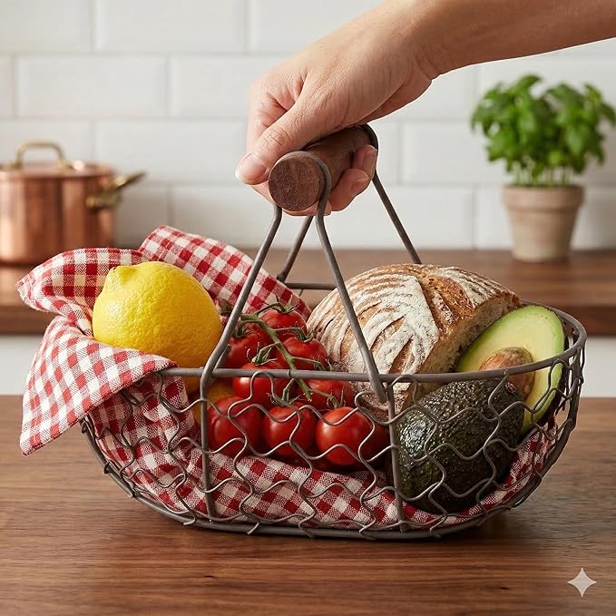 DOITOOL Egg Basket for Fresh Eggs with Wooden Handle Vintage Style Kitchen Storage Basket for Fruit Bread and Countertop Organization 4.68 Inch Compact Size
