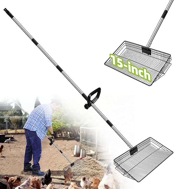 15Inch Upgrade and Widen Chicken Poop Scooper,5 in 1 Detachable Metal Litter Scoop(37.8 to 77.6 Inches Long) with Stainless Steel Handle,Heavy Duty Litter Scooper for Chicken Coop
