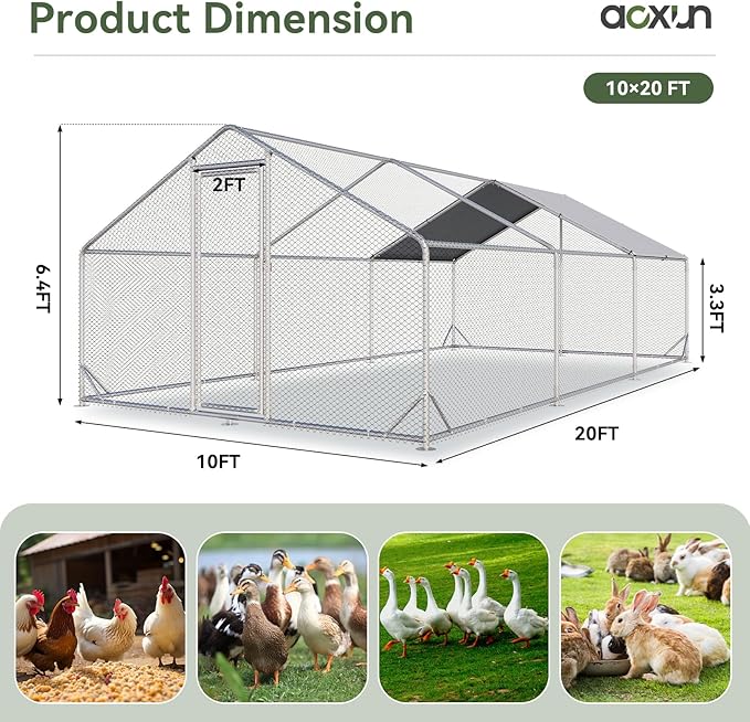 Aoxun Large Metal Chicken Coop, Outdoor Chicken Runs for Yard with Cover, Spire Roof Hen House Enclosure with Security Lock, Walk-in Cage Peak Hen House for Yard Farm (10x20x6.4 FT)