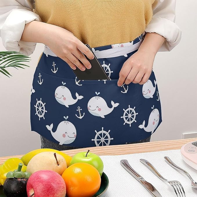 Server Waist Aprons Waitress Unisex Chef Works Half Apron with 3 Pockets