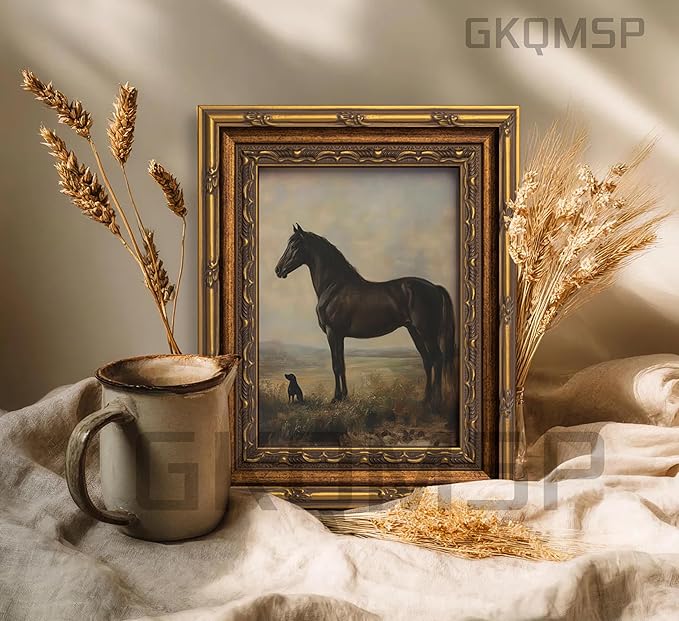 Vintage Gold Framed Horse Wall Art Horse and Dog Canvas Wall Decor Retro Rustic Farmhouse Animal Picture Rustic Horses Poster Artwork for Home Living Bedroom Farmhouse Hallway 12x16in