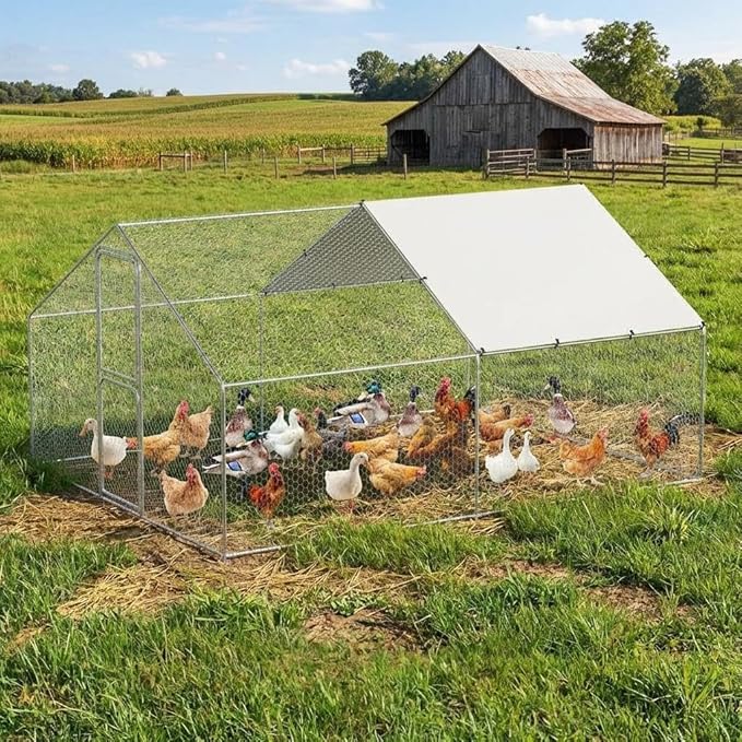 GarveeLife Large Metal Chicken Coop with Waterproof and Anti-UV Cover, Walk-in Poultry Cage, Outdoor Chicken Run for Backyard Farm Use, 9.8x13.1x6.6 FT