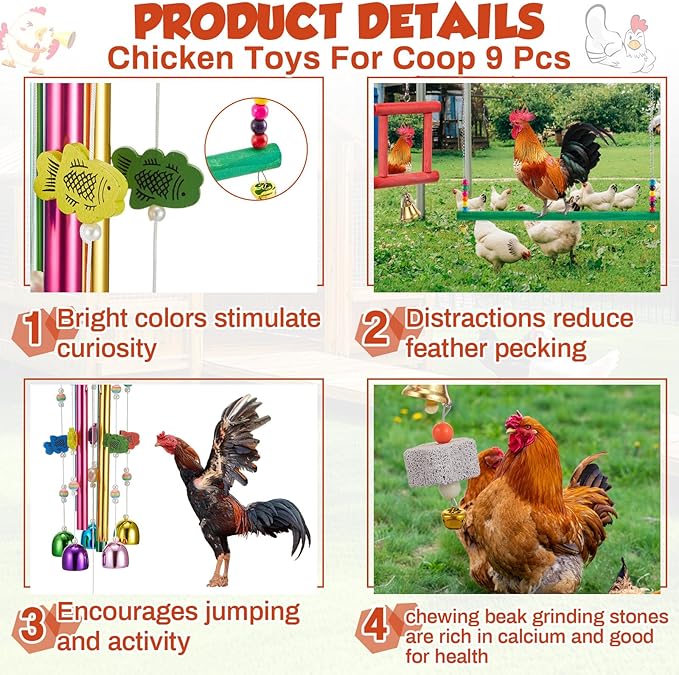 9 Pcs Chicken Toys for Coop, Wind Chime, Chicken Mirror Toys with Bells, Beak Grinding Stones Swing Vegetable Net Bag, Vegetable Fruits Hanging Fork for Hens Bird Parrot