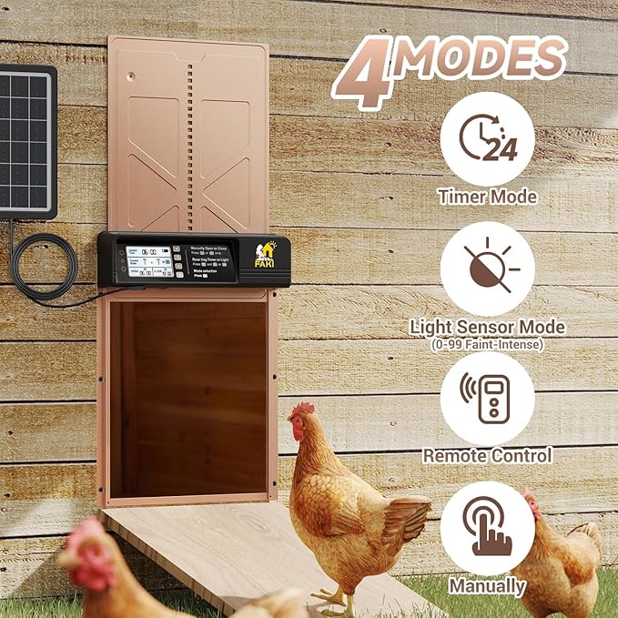 FAKI Automatic Chicken Coop Door Solar Powered with Timer Light Sensor, 2000mAh Battery and 4 Modes, Anti-Pin Brown.