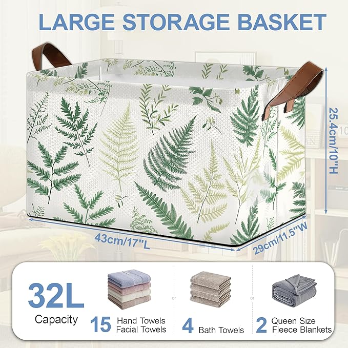 Fern Herbs Storage Baskets,Botanical Leaf Foldable Organizer Bin with Handles for Home Living Room Bedroom Closet Box 17x11.5x10Inch