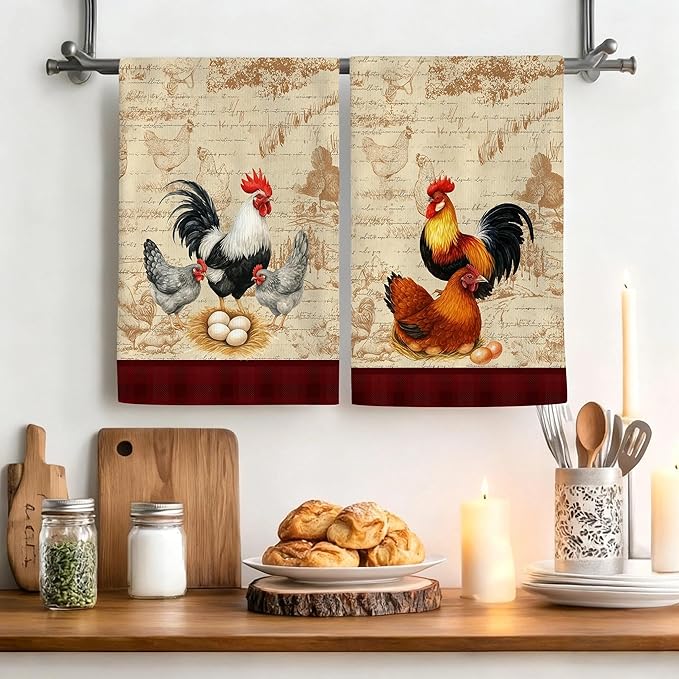 Chicken & Rooster Kitchen Towels Retro Farmhouse Dish Towels Set of 4, Absorbent Vintage Rustic Hand & Tea Towel, Rooster Kitchen Decor, Chicken Gifts for Women