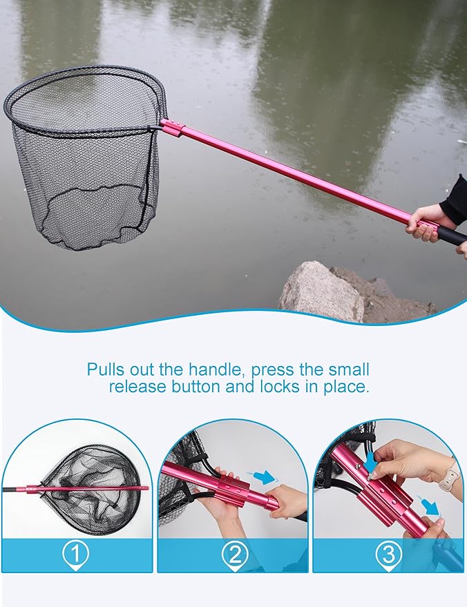Beoccudo Extra Large Fishing Landing Net - 72"-94" Heavy Duty Telescopic Aluminum Handle, Snag-Free Rubber Mesh for Saltwater Boat, Net Hoop 28x24in, 30in Deep