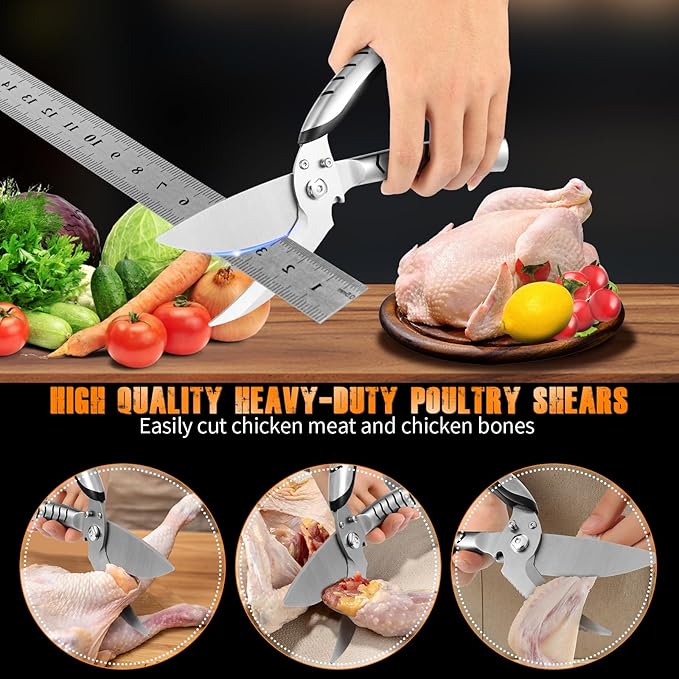 Heavy Duty Poultry Shears，Kitchen scissors heavy duty with Serrated Edge,Chicken shears,Meat scissors heavy duty ，For Cutting Bone, Turkey, Fish ，Seafood，Dishwasher Safe，silver