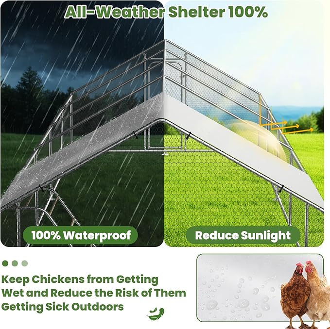 Large Metal Chicken Coop with Roosting Perch, Waterproof and UV Protection Cover, Chicken Run Outdoor Walk-in Cage Chicken Rabbit Duck Hen House, Spire Roof (10'W x 32.8'L x 6.4'H)