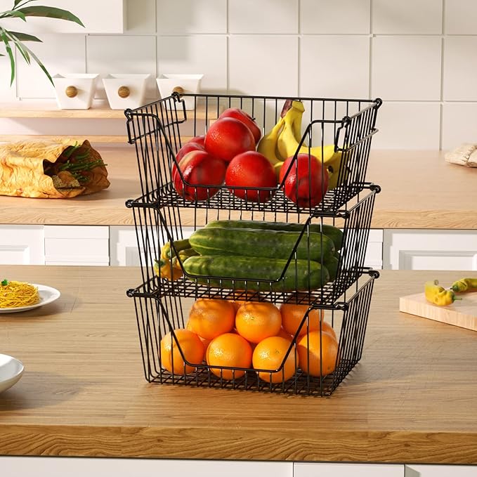 Slideep Wire Storage Baskets, Freezer Baskets Farmhouse Stackable Organizer Storage Bins Large Organizer for Storage, Office, Bathroom, Pantry Organization Storage with Handles 14" Black -Set of 3