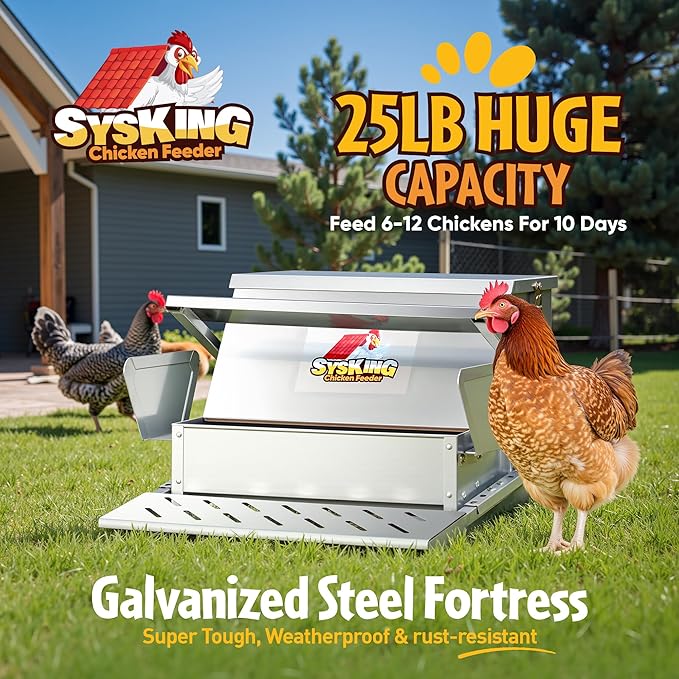 Heavy Duty Automatic Chicken Feeder - Metal Chicken Feeders Treadle Operated, Spill Proof Poultry Feeder with Rat Proof Design & Weatherproof Lid | Sturdy Galvanized Steel (25 lb Capacity)