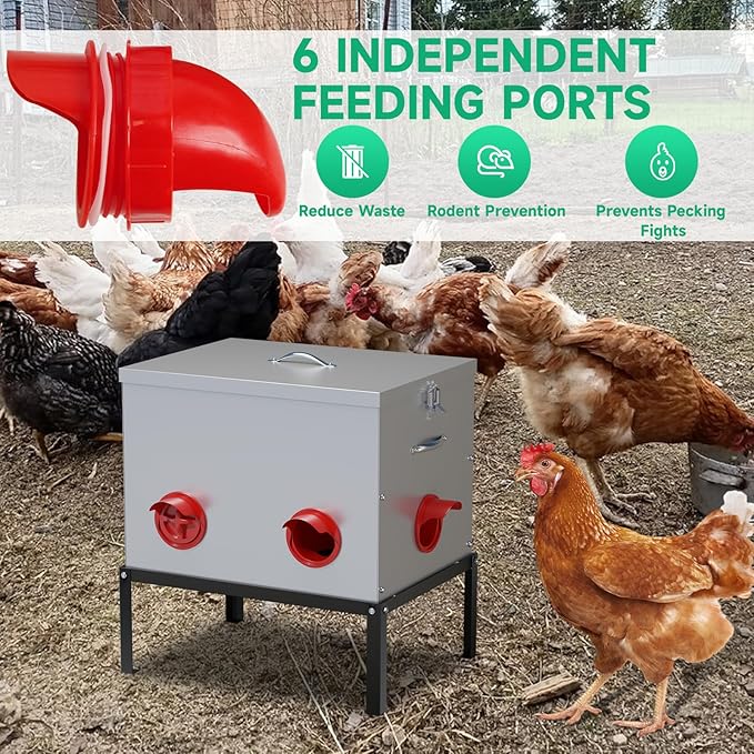 Automatic Chicken Feeder,6 Port Large Chicken Feeder with Raise 40 lb Capacity,Waterproof Galvanized Steel Poultry Feeder with Locking Lid for Chicken Coop