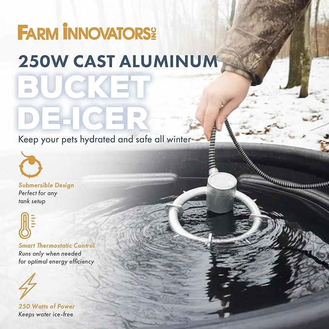 Farm Innovators Bucket De-Icer for up to 5 Gallon Bucket - 250W Water Deicer- Ice Chaser Cast Aluminum Design for Plastic or Metal Water Container