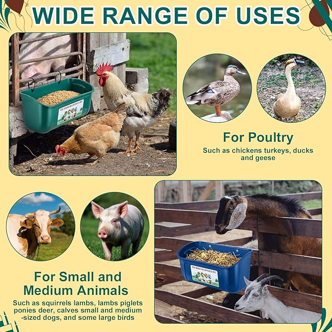 9 Pack Chicken Duck Feeder Waterer Hanging Goat Feeder Trough 2.5 Quart Livestock Feeding Trough with Scoop & Brush for Pig, Poultry, Fence Feeding, 22.5 Quart Total (Green,Blue)